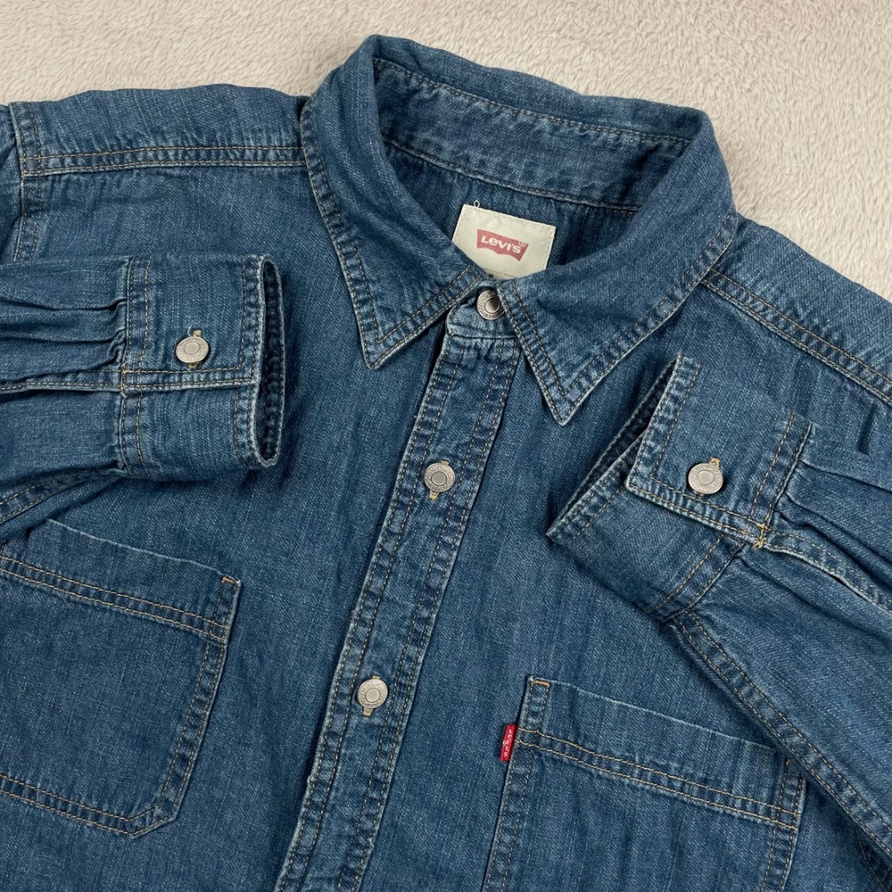 Levi Denim Shirt Mens Medium Blue Long Sleeve Metal Button Up Western Pockets